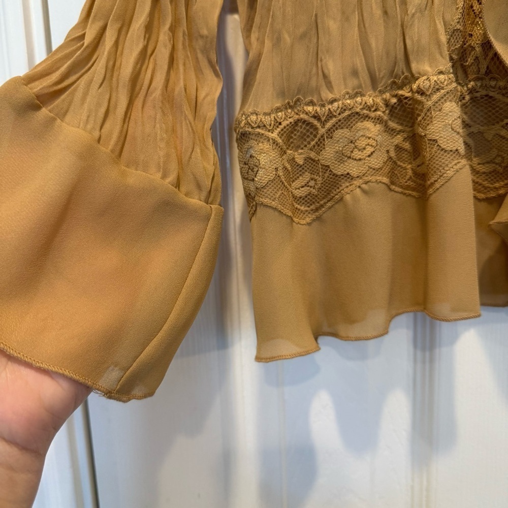 Vintage Y2K Sheer Ruffle Lace Blouse Women’s L Bronze Tan Boho Western Romantic - Picture 4 of 9